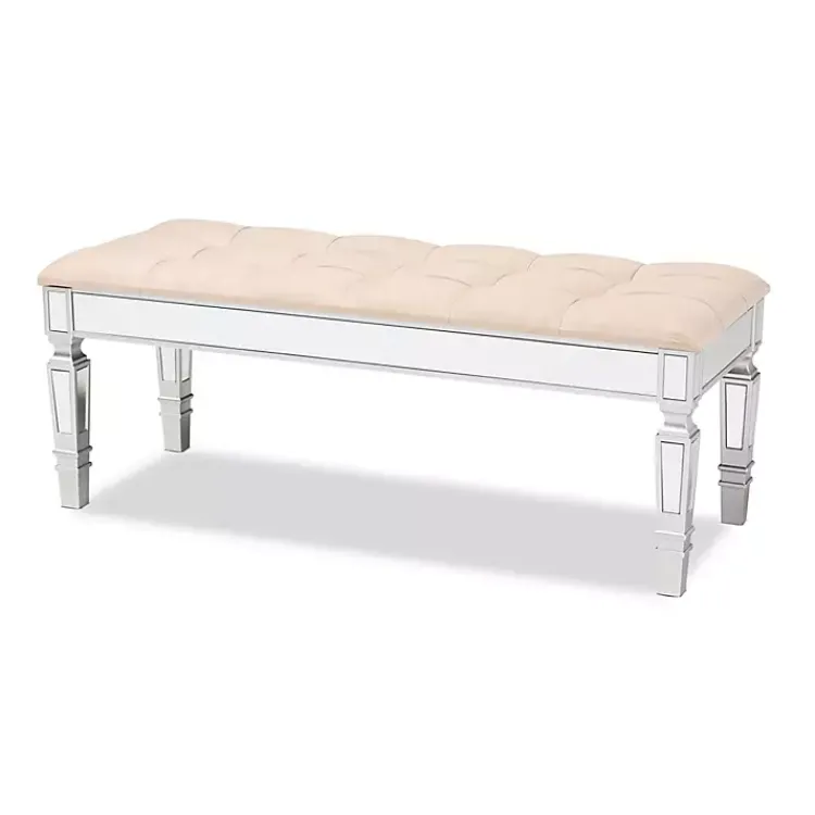 Benches & Ottomans-Kirklands Home Beige Button Tufted Bench with Mirrored Base Tan