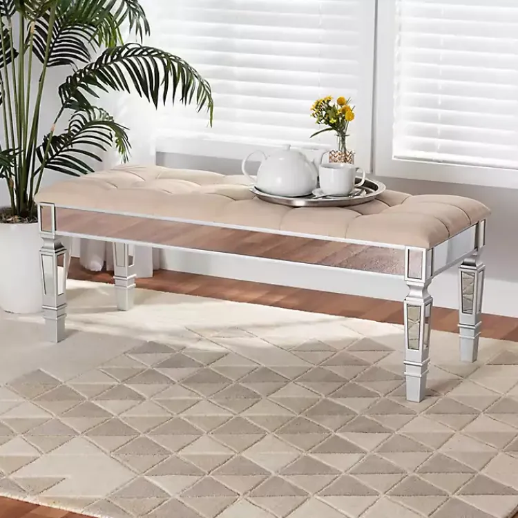 Benches & Ottomans-Kirklands Home Beige Button Tufted Bench with Mirrored Base Tan