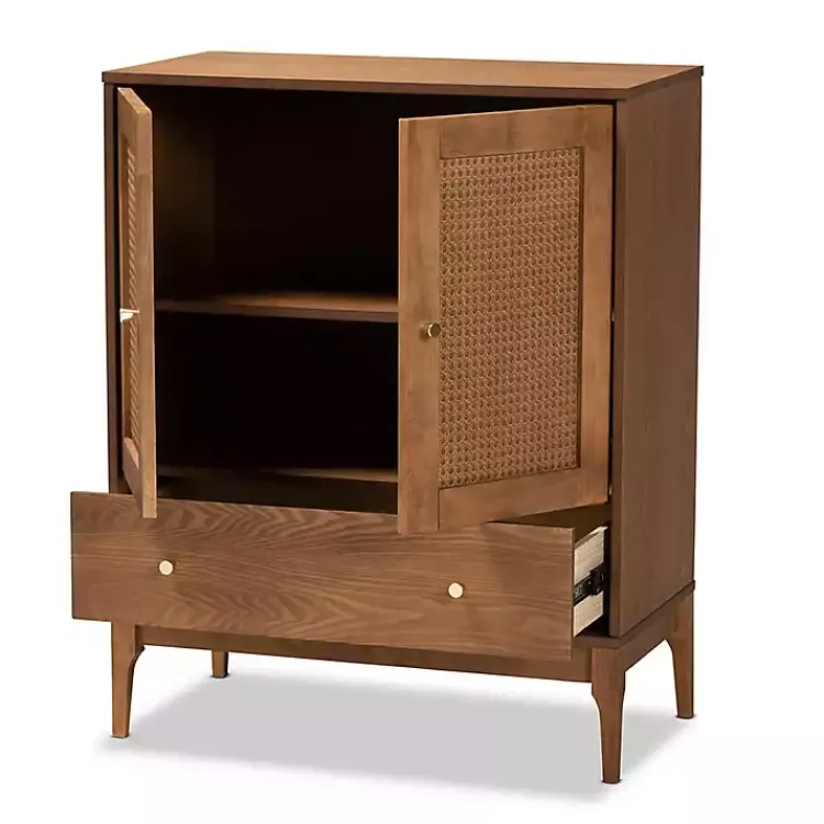 Cabinets & Sideboards-Kirklands Home Mid-Century Modern Rattan Walnut Cabinet Brown