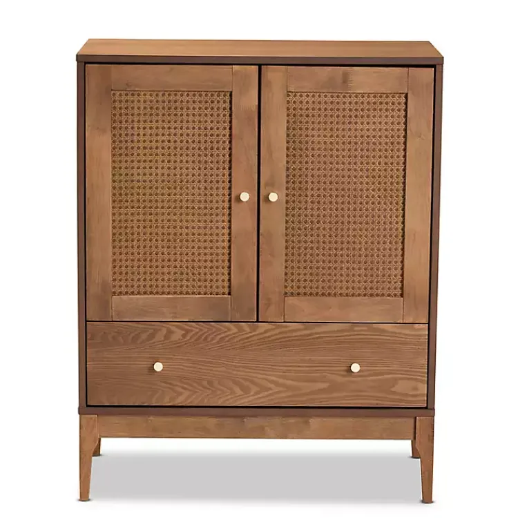Cabinets & Sideboards-Kirklands Home Mid-Century Modern Rattan Walnut Cabinet Brown