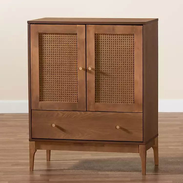 Cabinets & Sideboards-Kirklands Home Mid-Century Modern Rattan Walnut Cabinet Brown