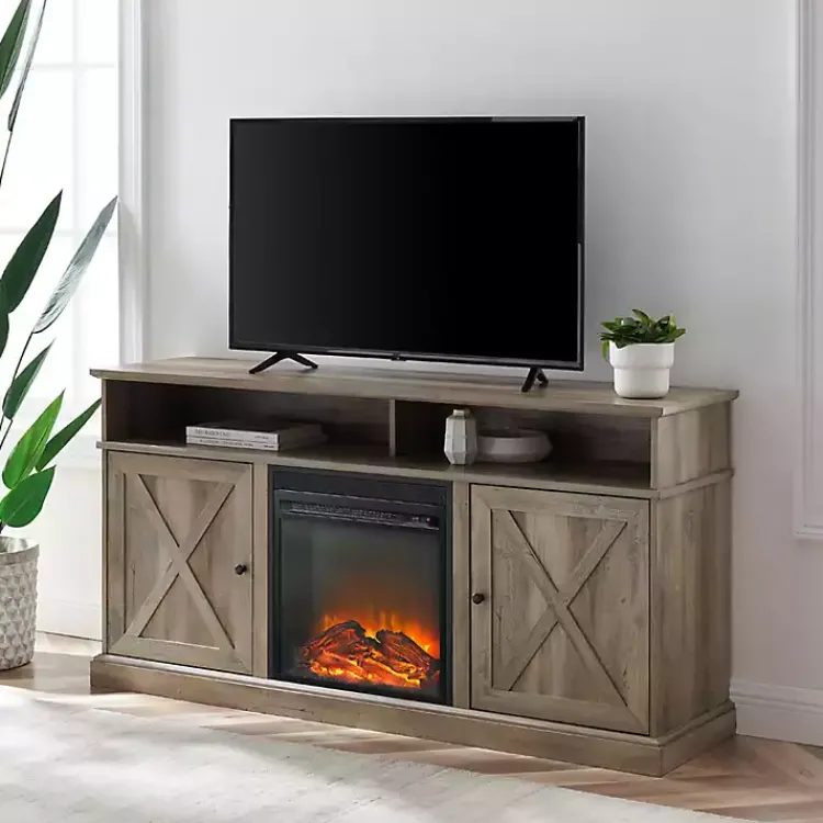 Tv Stands & Media Consoles-Kirklands Home Graywash Rustic Fireplace Cabinet Brown