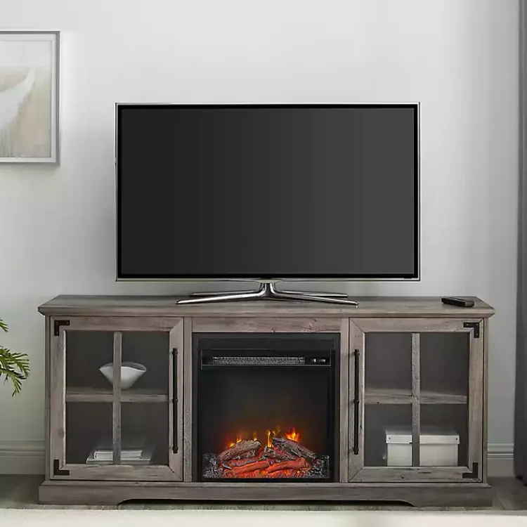 Tv Stands & Media Consoles-Kirklands Home Wood 2-Door LED Fireplace Cabinet Gray
