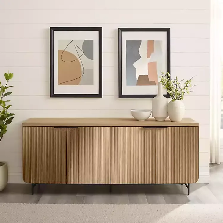 Cabinets & Sideboards-Kirklands Home Natural Fluted Wood 4-Door Scandinavian Cabinet Tan