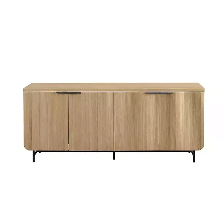 Cabinets & Sideboards-Kirklands Home Natural Fluted Wood 4-Door Scandinavian Cabinet Tan