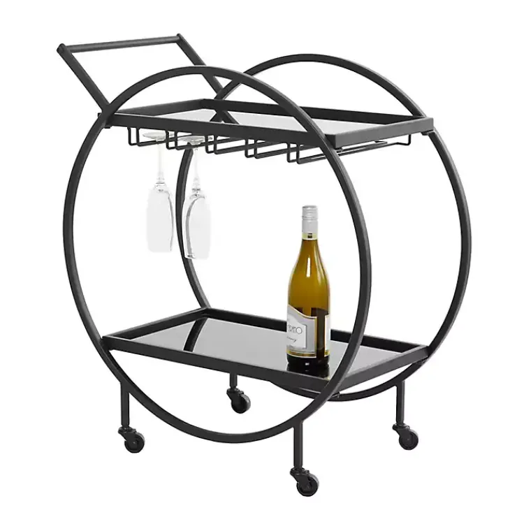 Kitchen Islands & Bar Carts-Kirklands Home Round Metal and Glass 2-Ter Bar Cart Black