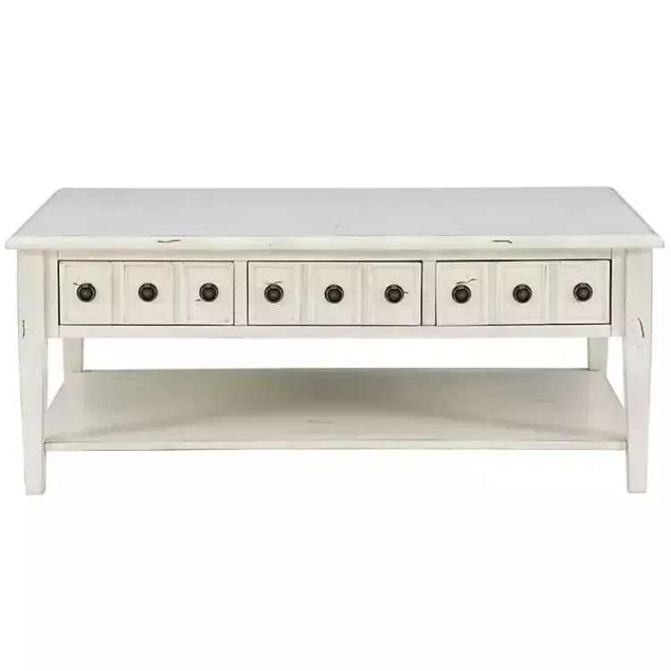 Coffee Tables-Kirklands Home Distressed Cream Wood 3-Drawer Coffee Table Ivory