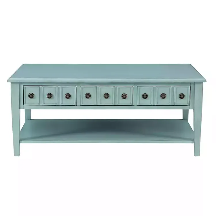 Coffee Tables-Kirklands Home Distressed Turquoise Wood 3-Drawer Coffee Table Blue