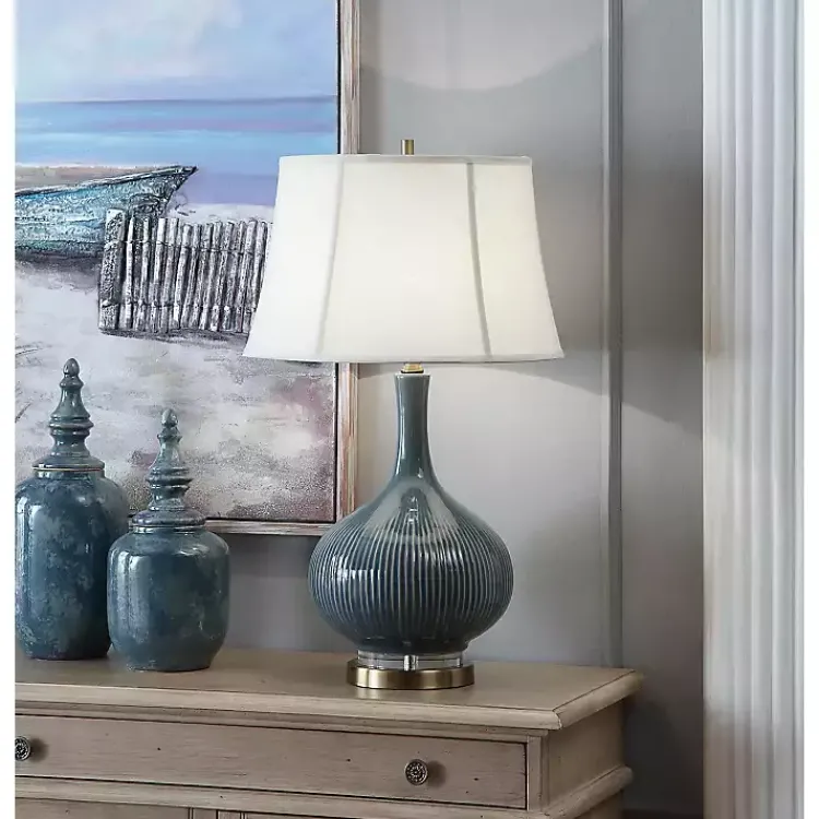 Table Lamps-Kirklands Home Blue Ceramic Stripe Base Table Lamp White