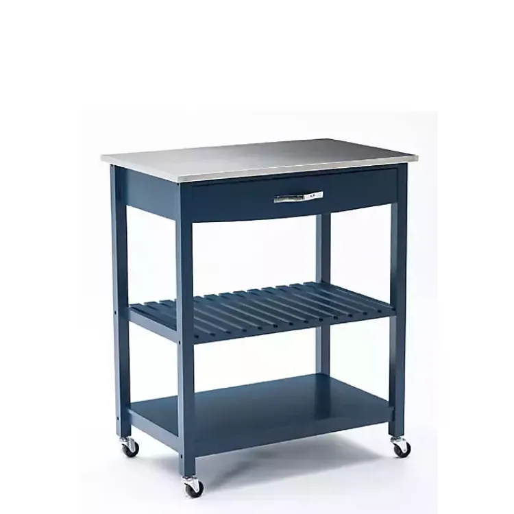 Kitchen Islands & Bar Carts-Kirklands Home Navy Wood and Stainless Steel Top Kitchen Cart Blue