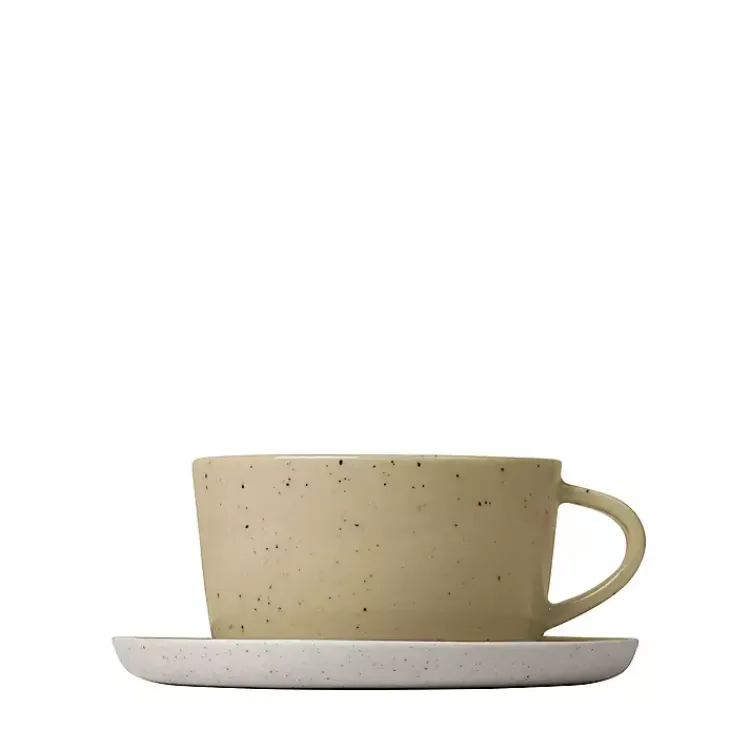 Glassware & Drinkware-Kirklands Home Speckled Ceramic Mugs and Saucers, Set of 2 Yellow