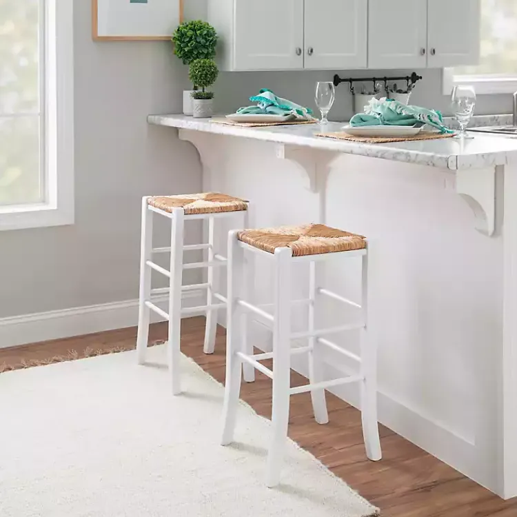 Bar Stools & Counter Height Stools-Kirklands Home White Wood Seagrass Backless 2-pc. Bar Stool Set Tan