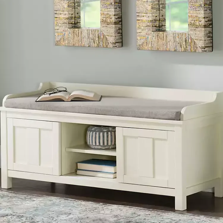 Benches & Ottomans-Kirklands Home White Wood Upholstered Storage Bench