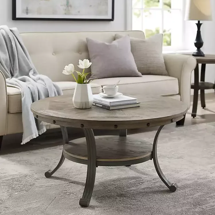 Coffee Tables-Kirklands Home Ash Round Nailhead Coffee Table Gray