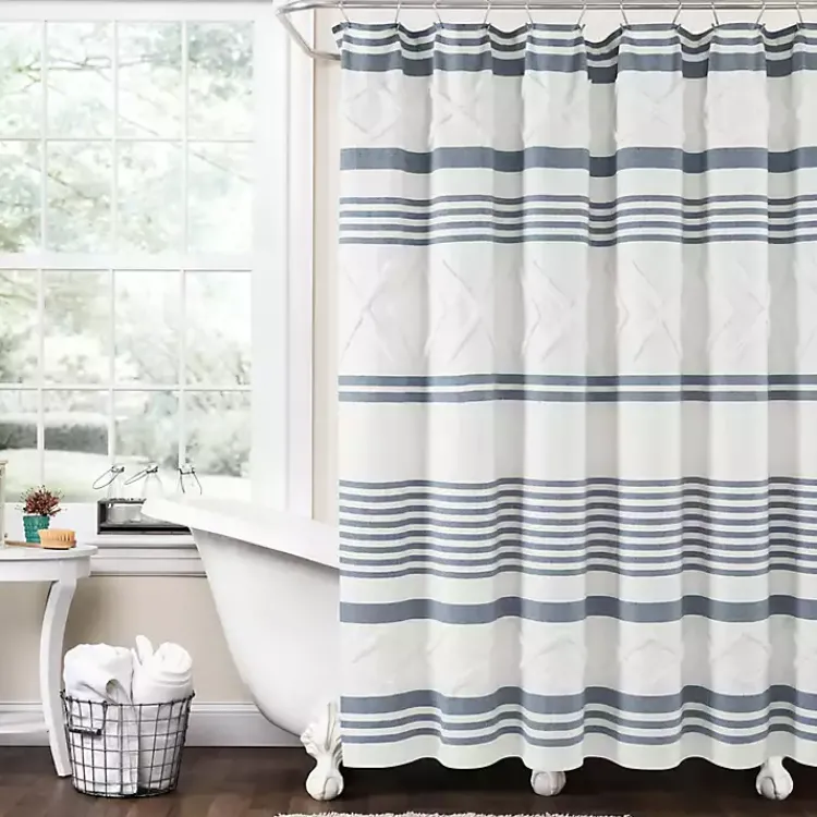 Shower Curtains-Kirklands Home Blue Stripe Diamond Tufted Shower Curtain