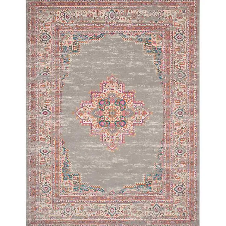 Area Rugs-Kirklands Home Gray & Pink Central Motif Botanical Area Rug, 9x12