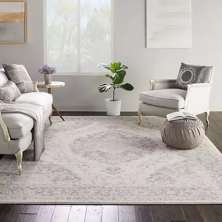 Area Rugs-Kirklands Home Ivory and Gray Oushak Medallion Area Rug, 7x10