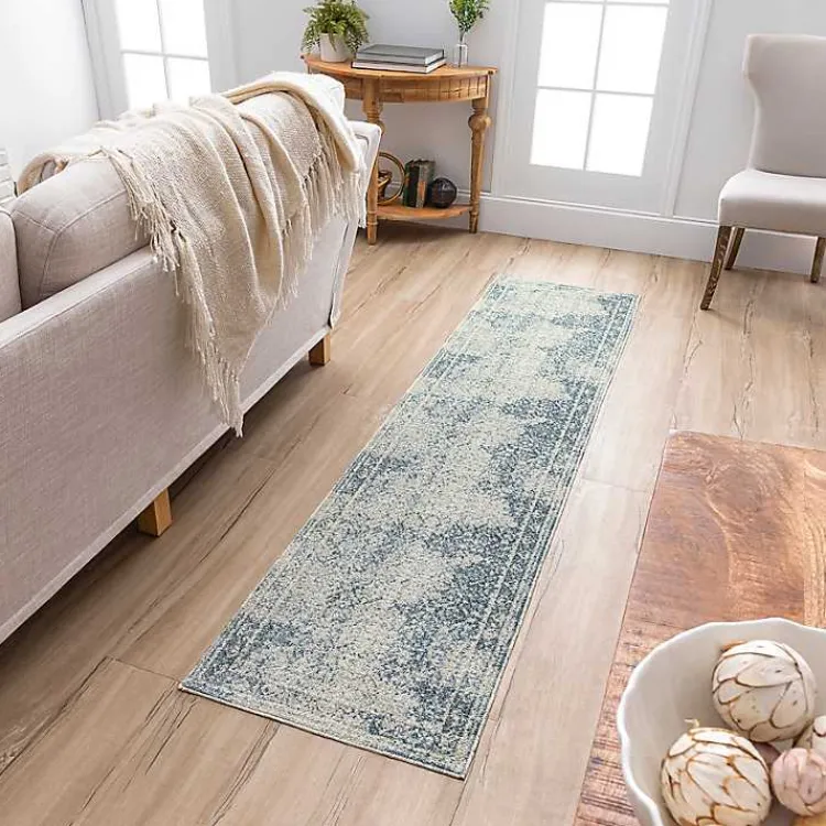 Area Rugs-Kirklands Home Blue and Cream Blackwell Runner, 2x8