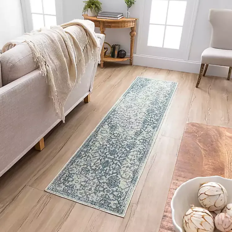 Area Rugs-Kirklands Home Blue and Cream Granary Runner, 2x8