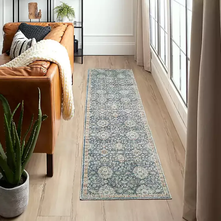 Area Rugs-Kirklands Home Anthracite Granary Floral Runner, 2x10 Blue