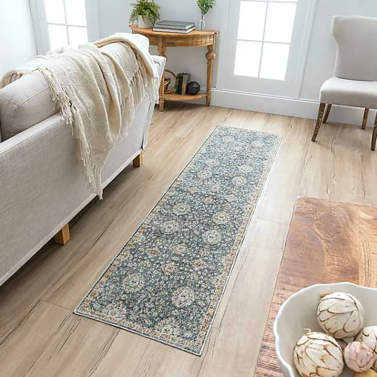 Area Rugs-Kirklands Home Anthracite Granary Floral Runner, 2x10 Blue