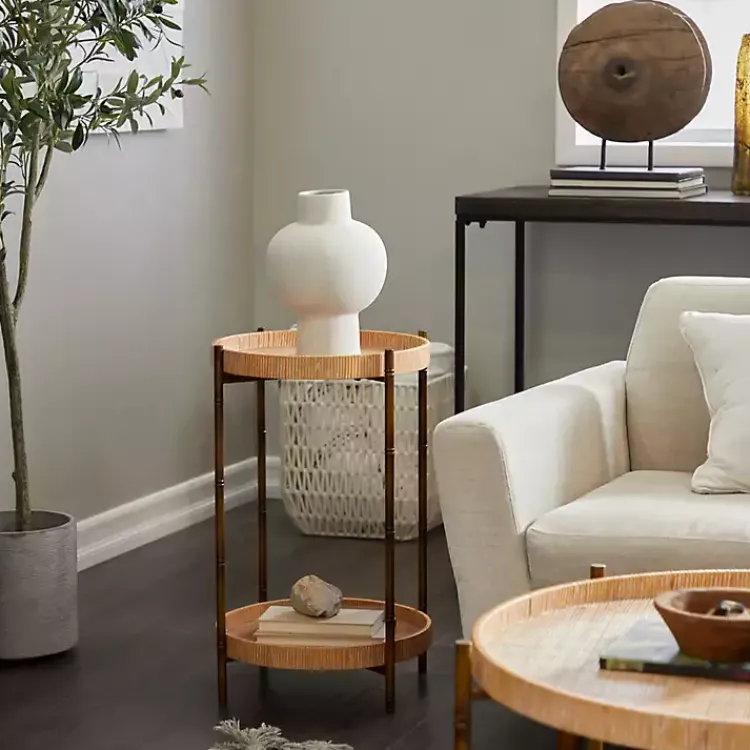 Accent & End Tables-Kirklands Home Round Rattan 2-Tier Side Table Brown