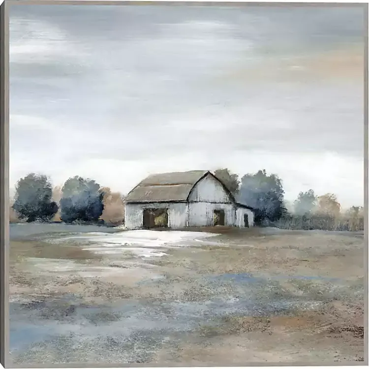 Canvas Art-Kirklands Home White Barn in Pasture Framed Canvas Art Print Gray