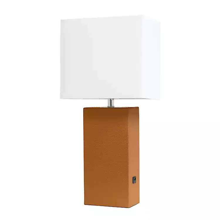 Table Lamps-Kirklands Home Caramel Faux Leather Charging Table Lamp Tan