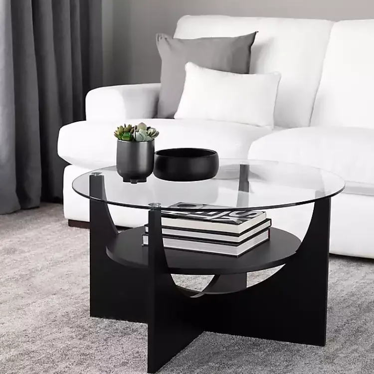 Coffee Tables-Kirklands Home Round Glass Coffee Table Black