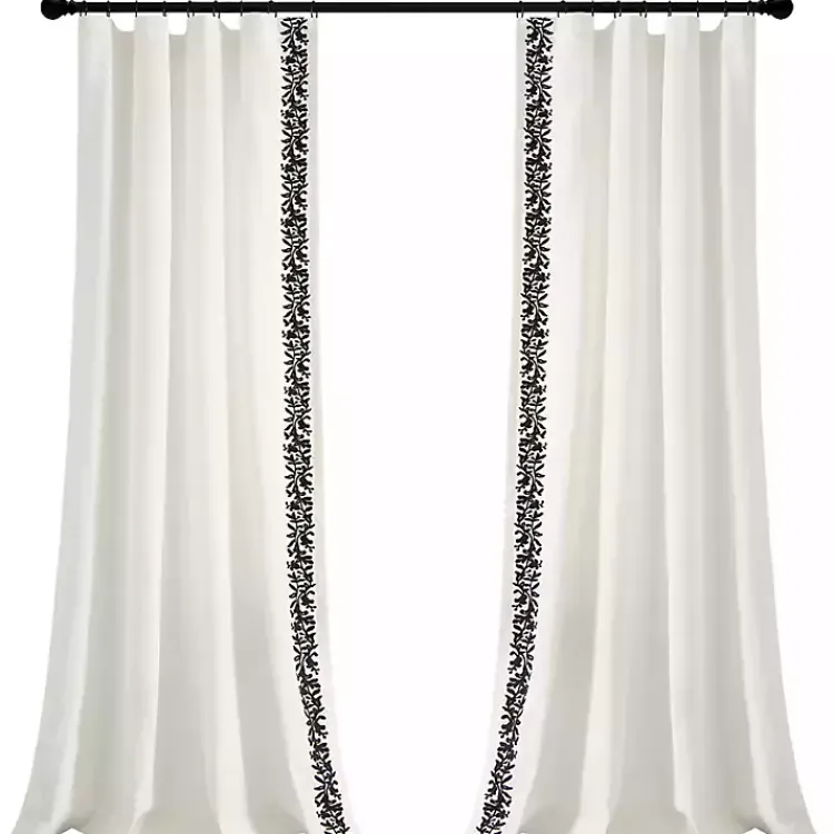 Curtains & Drapes-Kirklands Home White and Black Embroidered Curtain Panel, 84 in.