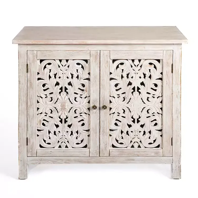 Cabinets & Sideboards-Kirklands Home Cream Washed Wood Carved Door Cabinet Tan