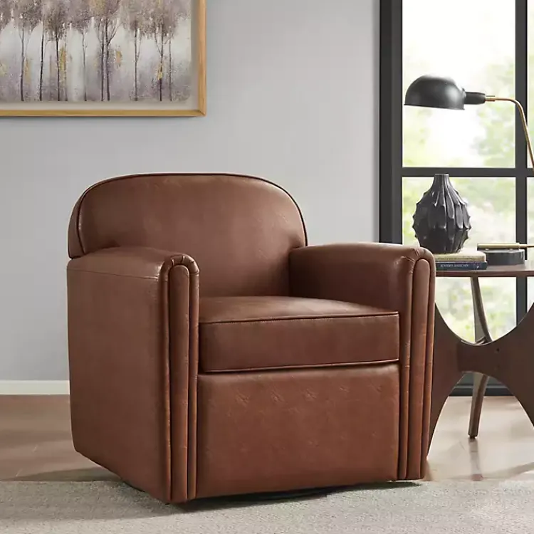 Accent Chairs-Kirklands Home Faux Leather Swivel Club Chair Brown