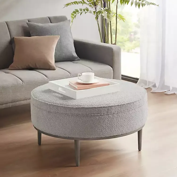 Benches & Ottomans-Kirklands Home Round Upholstered Ottoman Gray