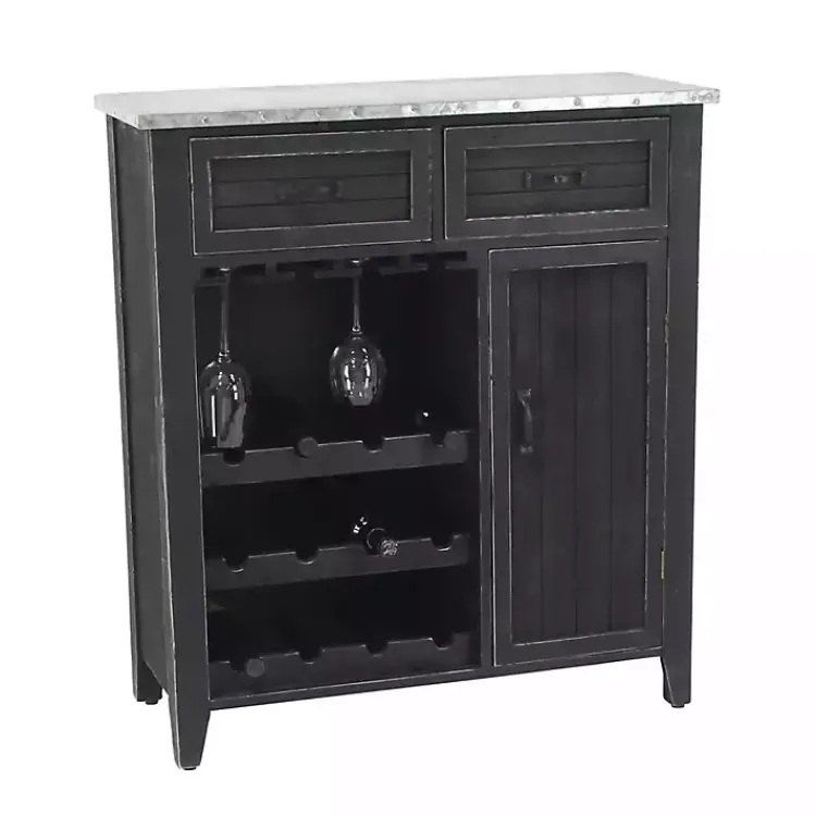 Cabinets & Sideboards-Kirklands Home Rustic Galvanized Top Wine Cabinet Black