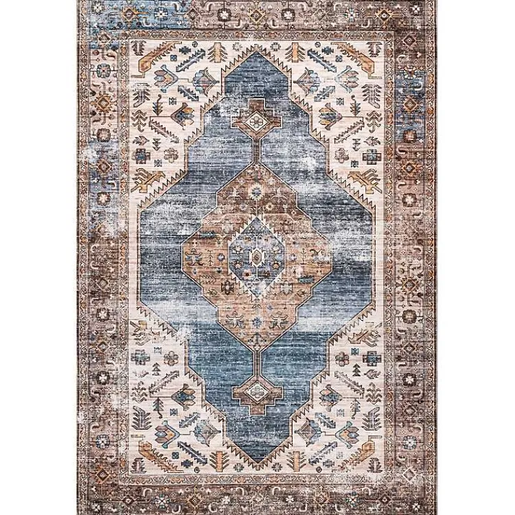 Area Rugs-Kirklands Home Blue Distressed Medallion Washable Area Rug, 8x10