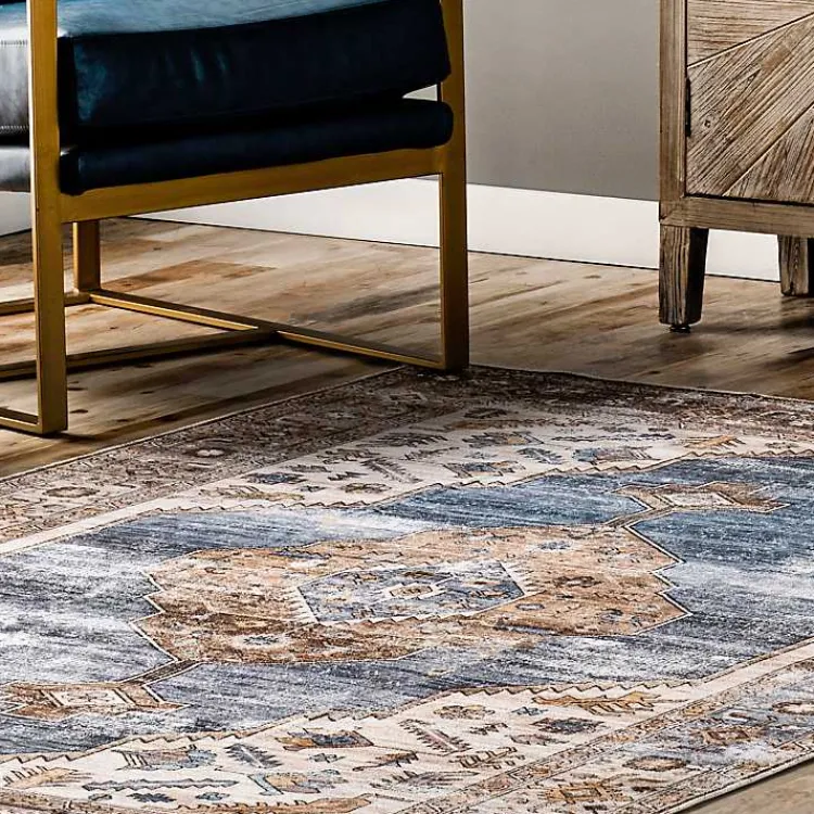Area Rugs-Kirklands Home Blue Distressed Medallion Washable Area Rug, 8x10