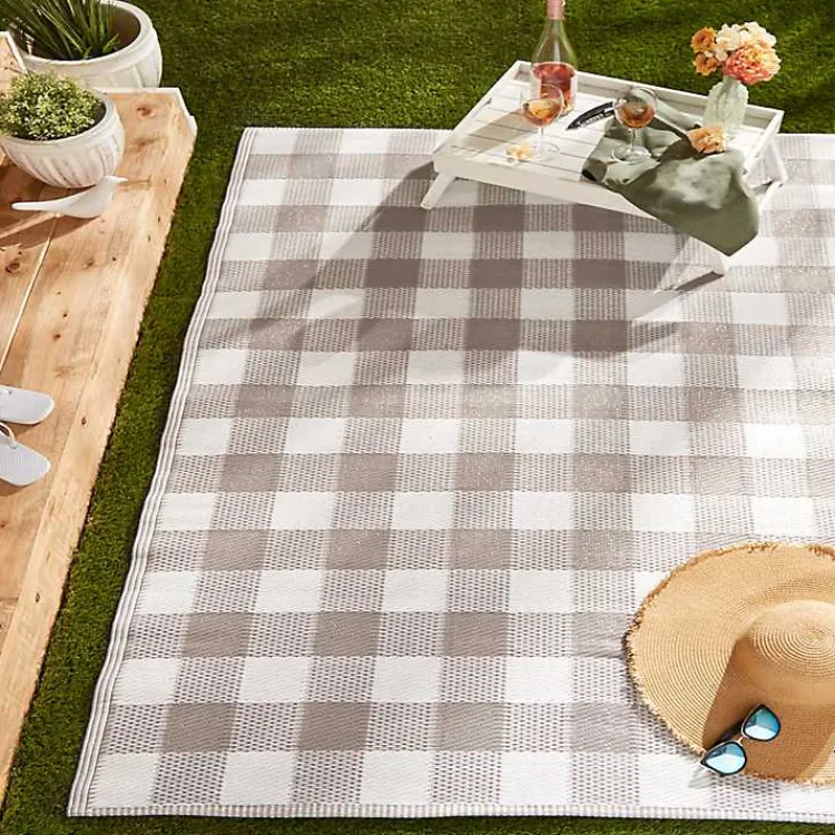 Outdoor Rugs-Kirklands Home Stone & White Buffalo Check Outdoor Area Rug, 4x6