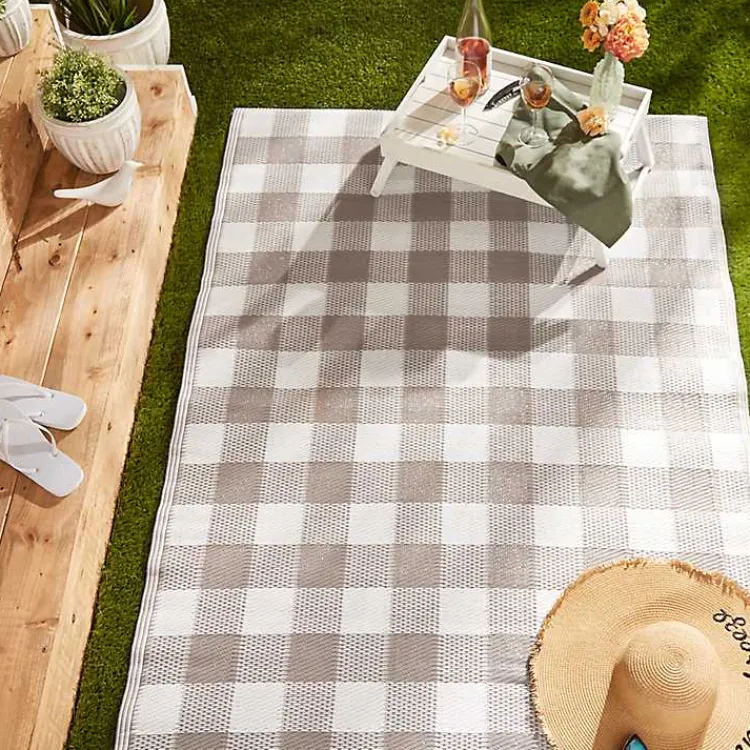 Outdoor Rugs-Kirklands Home Stone & White Buffalo Check Outdoor Area Rug, 4x6