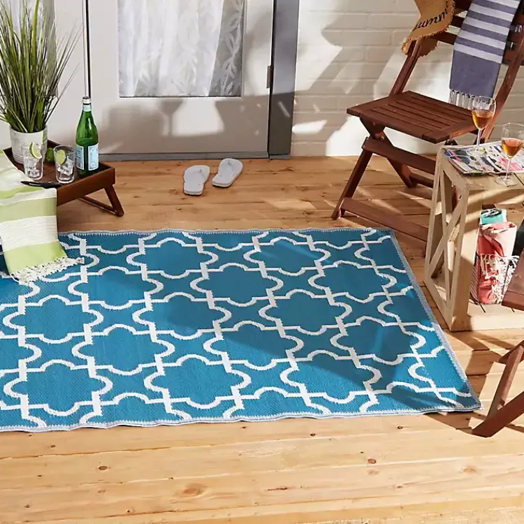 Outdoor Rugs-Kirklands Home Blue Moroccan Trellis Outdoor Area Rug, 4x6