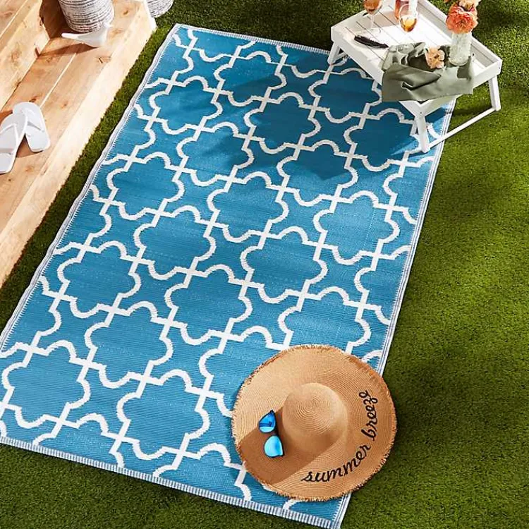 Outdoor Rugs-Kirklands Home Blue Moroccan Trellis Outdoor Area Rug, 4x6