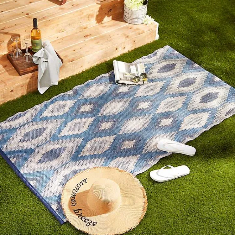 Outdoor Rugs-Kirklands Home Blue & Gray Diamond Stripe Outdoor Area Rug, 3x6
