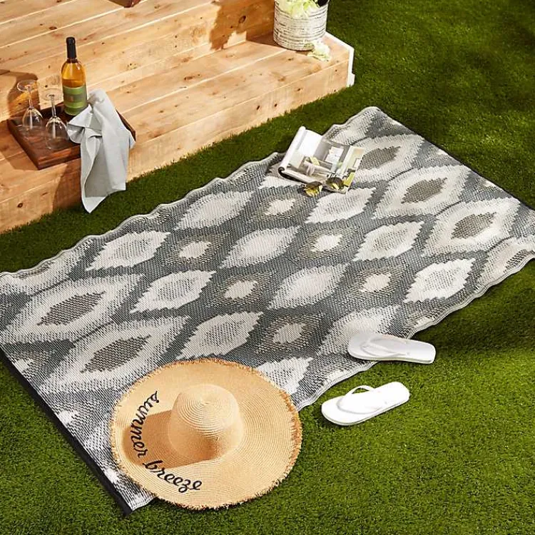 Outdoor Rugs-Kirklands Home Black & Gray Diamond Stripe Outdoor Area Rug, 4x6