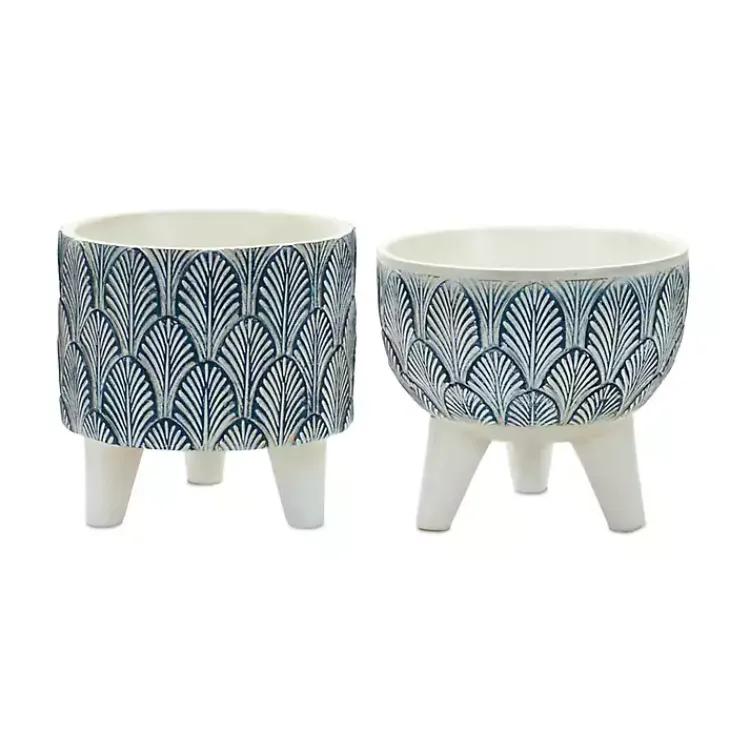 Planters-Kirklands Home White and Blue Geometric Pots with Legs, Set of 2