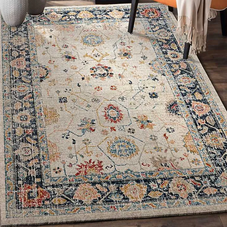 Area Rugs-Kirklands Home Ivory and Blue Traditional Floral Area Rug, 5x7