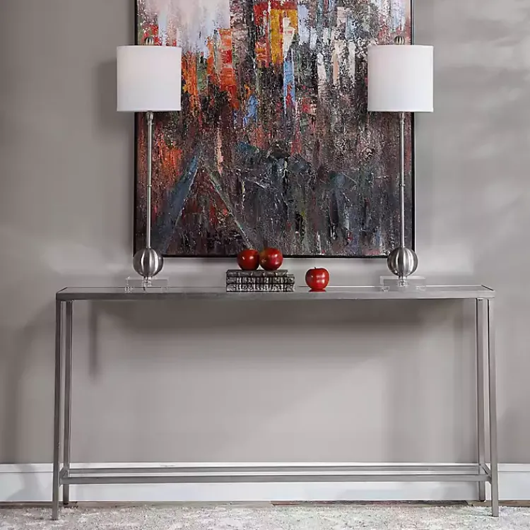 Console Tables-Kirklands Home Metal Mirrored Top Slim Console Table Silver