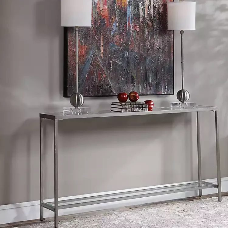 Console Tables-Kirklands Home Metal Mirrored Top Slim Console Table Silver