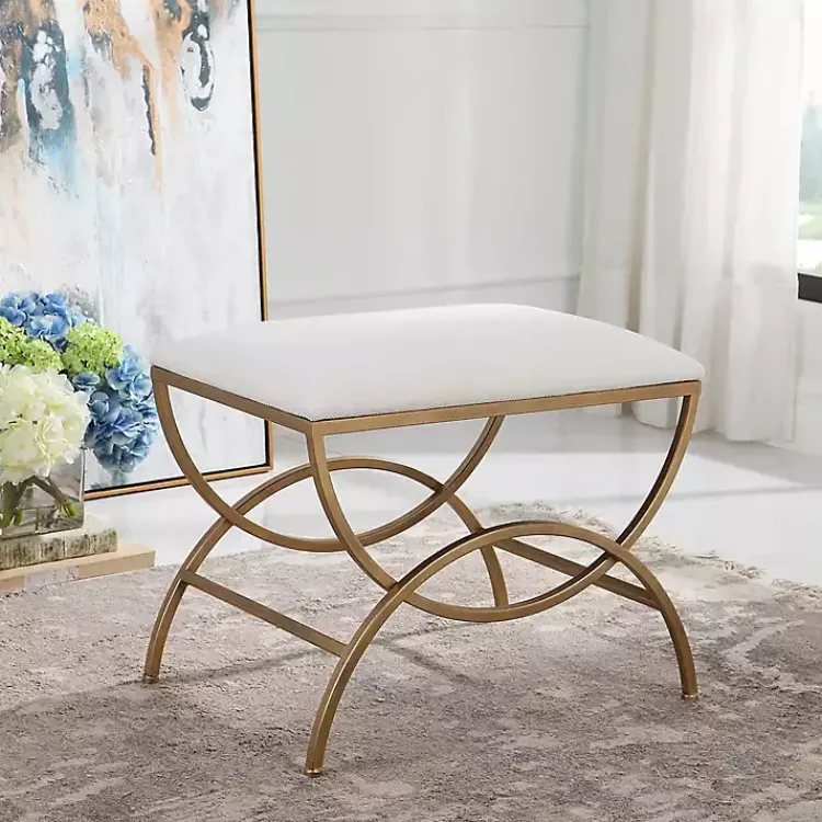 Benches & Ottomans-Kirklands Home Upholstered Gold Metal Arched Frame Bench White