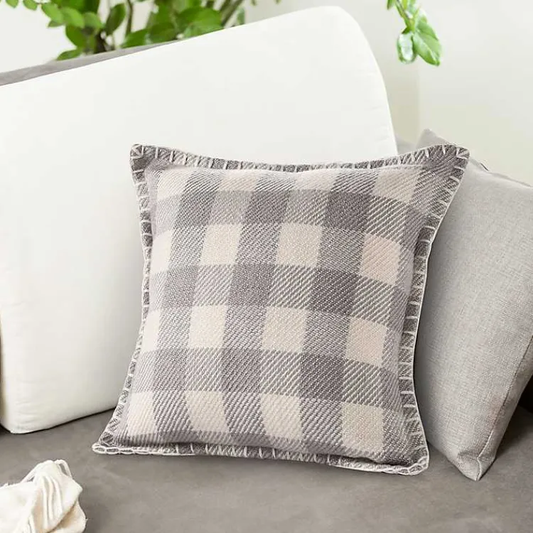 Outdoor Cushions & Pillows-Kirklands Home Gray Buffalo Check Stitched Outdoor Throw Pillow