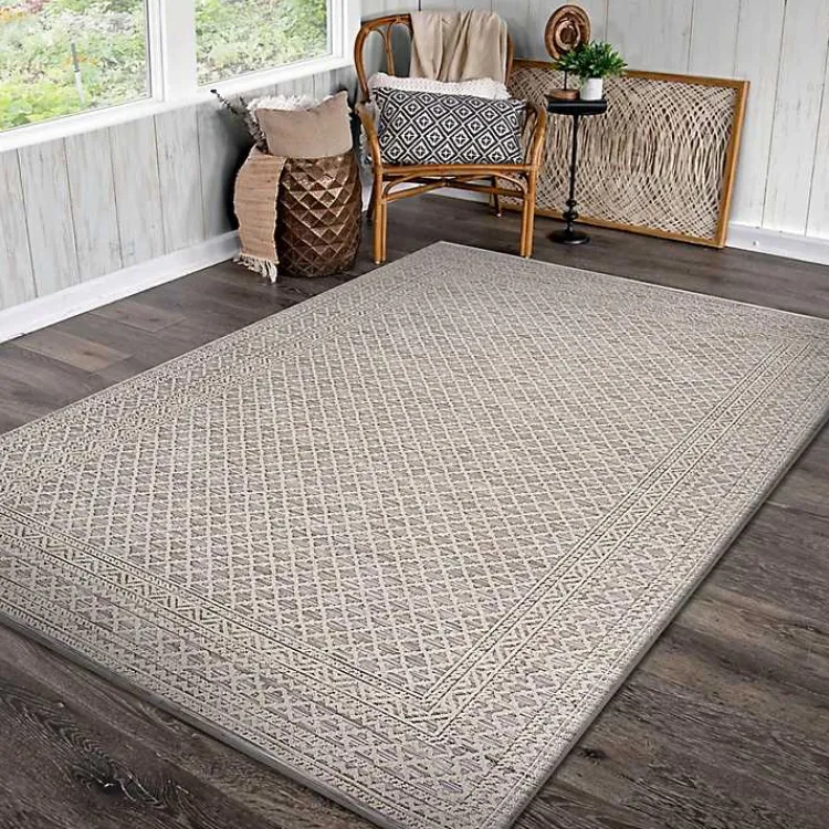 Outdoor Rugs-Kirklands Home Neutral Bordered Lattice Outdoor Area Rug, 5x7 Gray