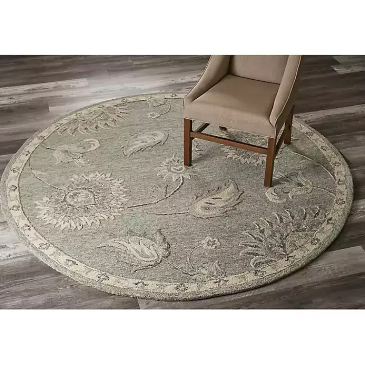 Area Rugs-Kirklands Home Round Gray and Botanical Area Rug, 4x4 Blue